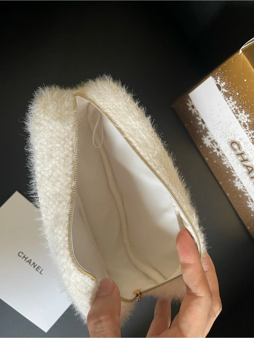 CHANEL Cream Faux-Fur Cosmetic Pouch with Gold Logo. Limited edition